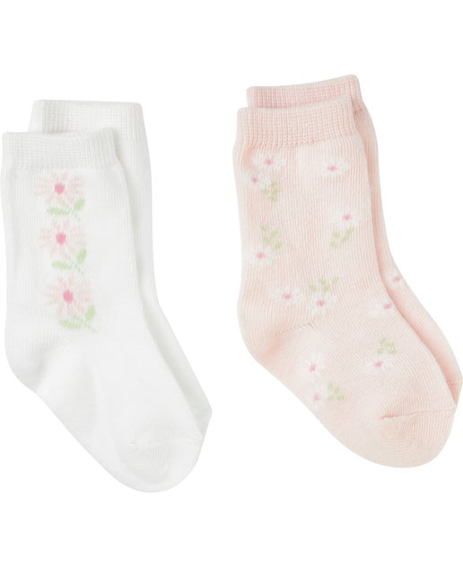 Babies' 2 Pack Jacquard Crew Socks in White/pink Flower | Postie
