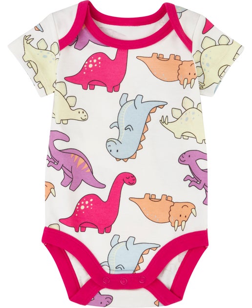 Babies' Short Sleeve Bodysuit in White Pink Dino | Postie