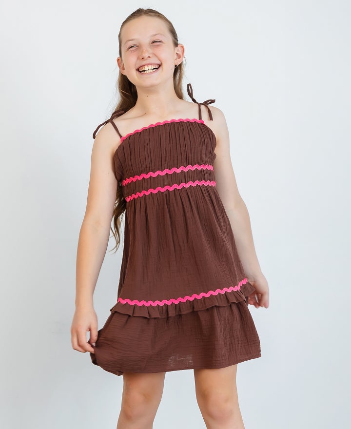 Little Kids' Ric Rac Dress in Chocolate | Postie