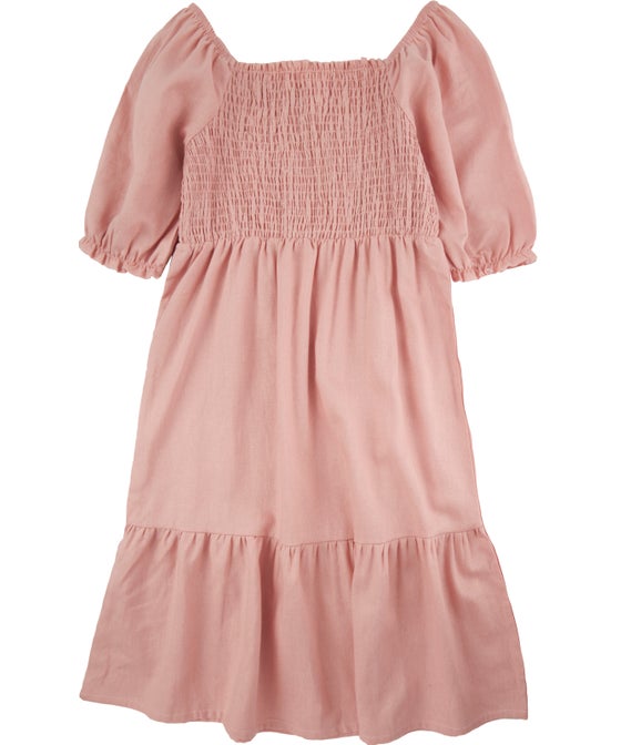 Kids' Shirred Bodice Linen Blend Dress