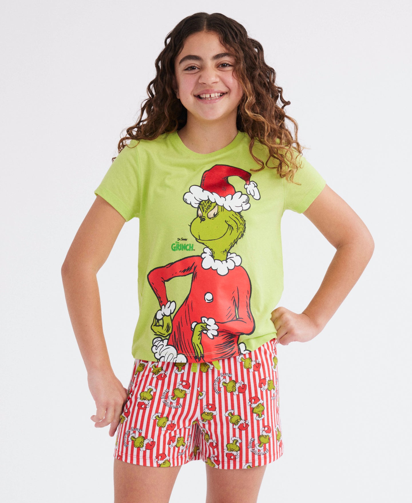 Girls' Grinch Stripe Knit PJ Set in Green/red Stripe Postie