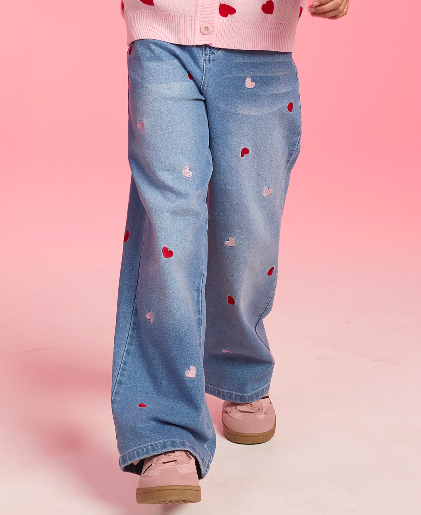 Kids' Embroidered Wide Jean in Light Wash Hearts | Postie