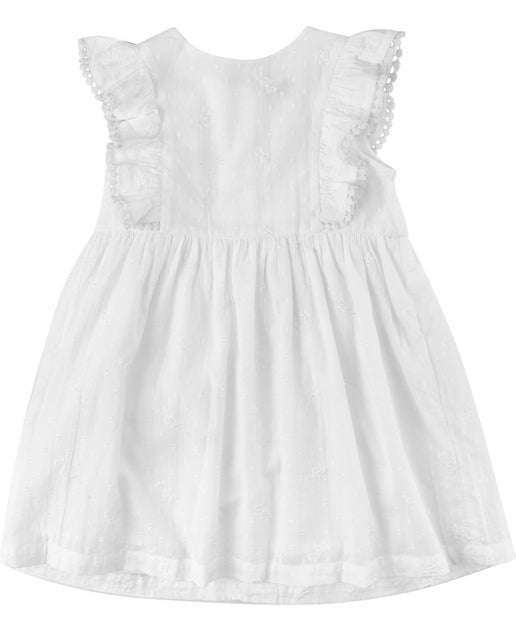 Little Kids Frill Shoulder Schiffly Dress in White | Postie