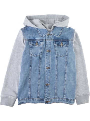 Little Kids' Hooded Denim Jacket in Light Denim/grey | Postie