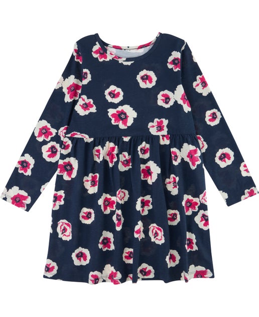 Little Kids' Long Sleeve Print Knit Dress in Navy Floral | Postie