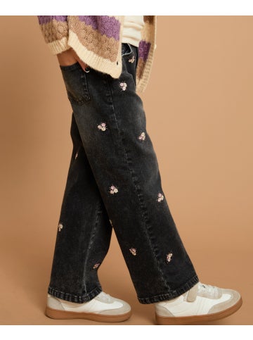 Little Kids' Wide Leg Embroidered Jean in Black Wash Postie