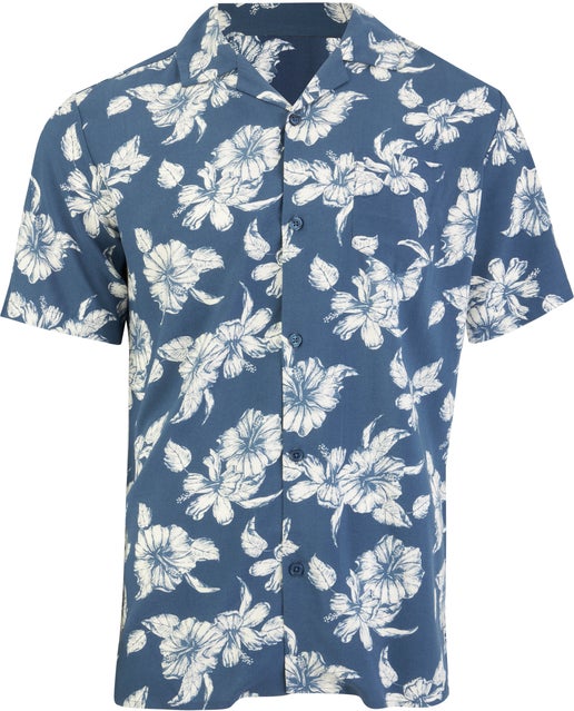 Men's Short Sleeve Resort Shirt in Mid Blue Hibiscus | Postie