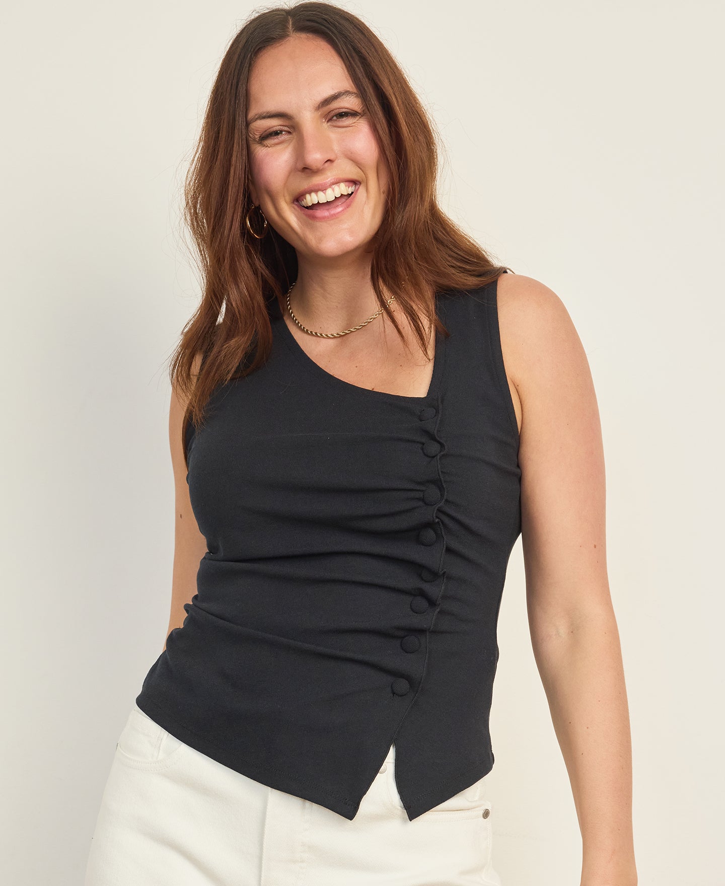 Women's Asymmetric Button Tank in Black | Postie