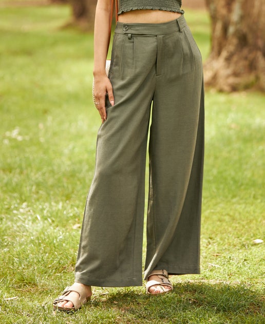 Women's Button Detail Linen Blend Pants in Thyme | Postie