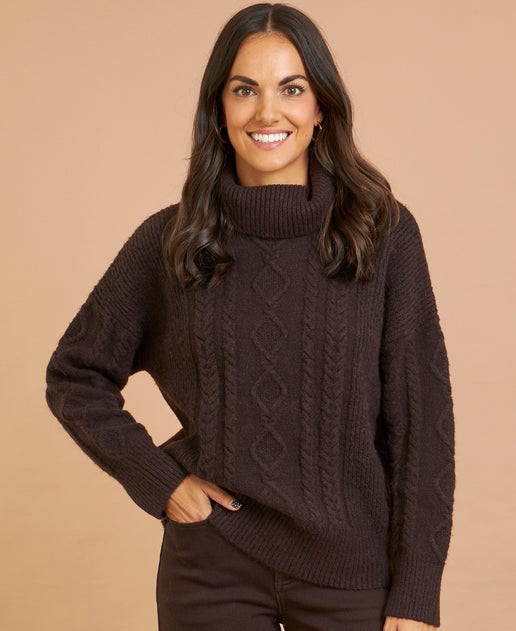 Women's Cable Roll Neck Jumper in Chocolate Postie
