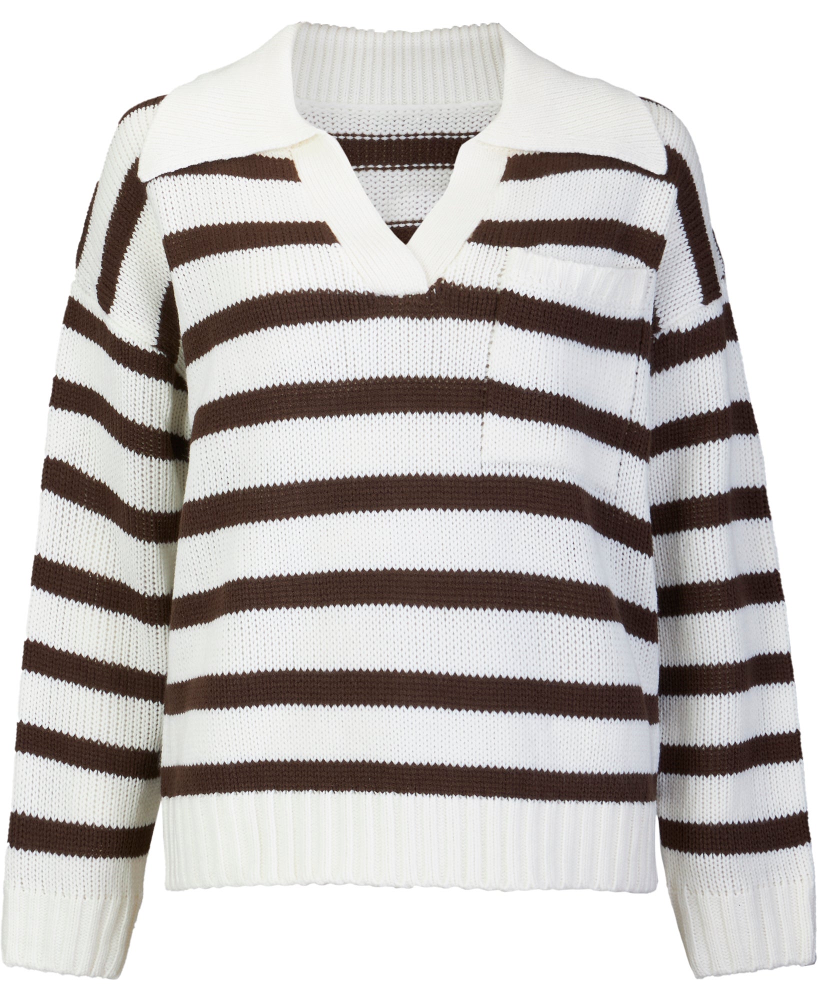 Women's Collared Pocket Jumper in White Brown Stripe Postie - Main Image