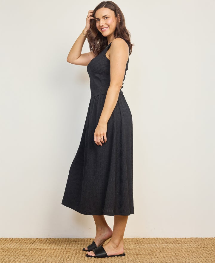 slim fit dress slacks Plunged Midi Dress in Peony | The Borrowed Collective main image 0