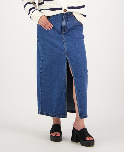 Women's Denim Long Midi Skirt in Mid Denim | Postie