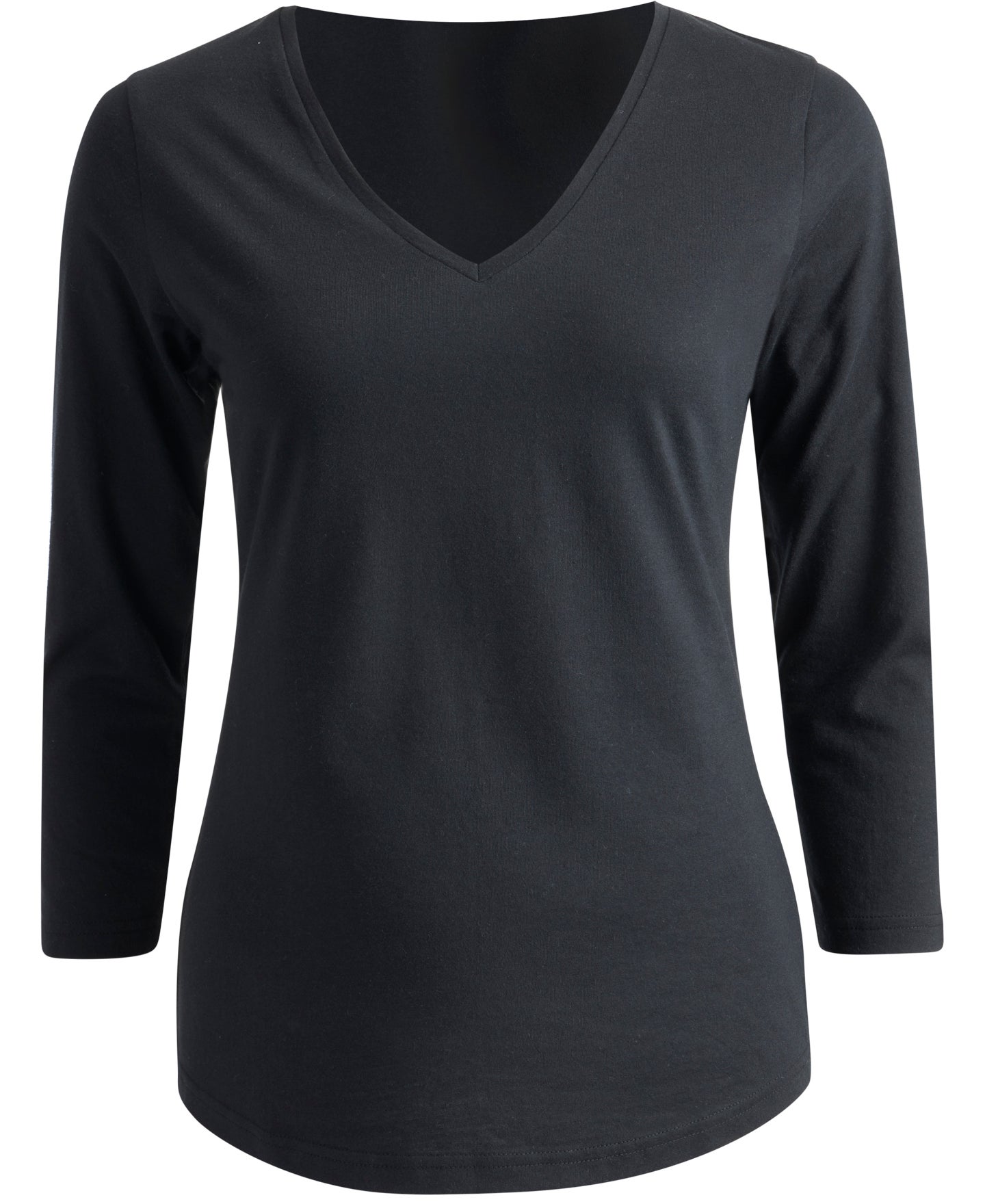 V Neck Black T Shirt 3/4 Sleeves Women Black Solid V Neck 3/4 Sleeve