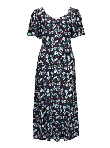Women's Gathered Bust Midi Tea Dress in Black Multi Floral Postie