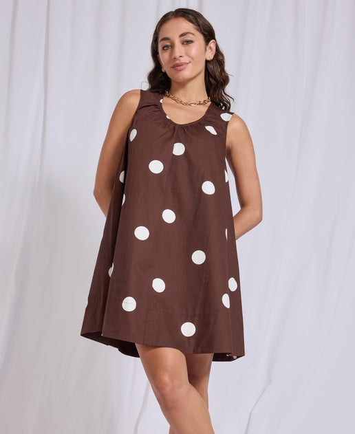 Women's Gathered Poplin Mini Dress in Brown Spot | Postie Women's Gathered Poplin Mini Dress in Brown Spot | Postie