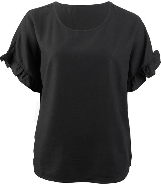 Women's Linen Blend Frill Sleeve Top in Black | Postie