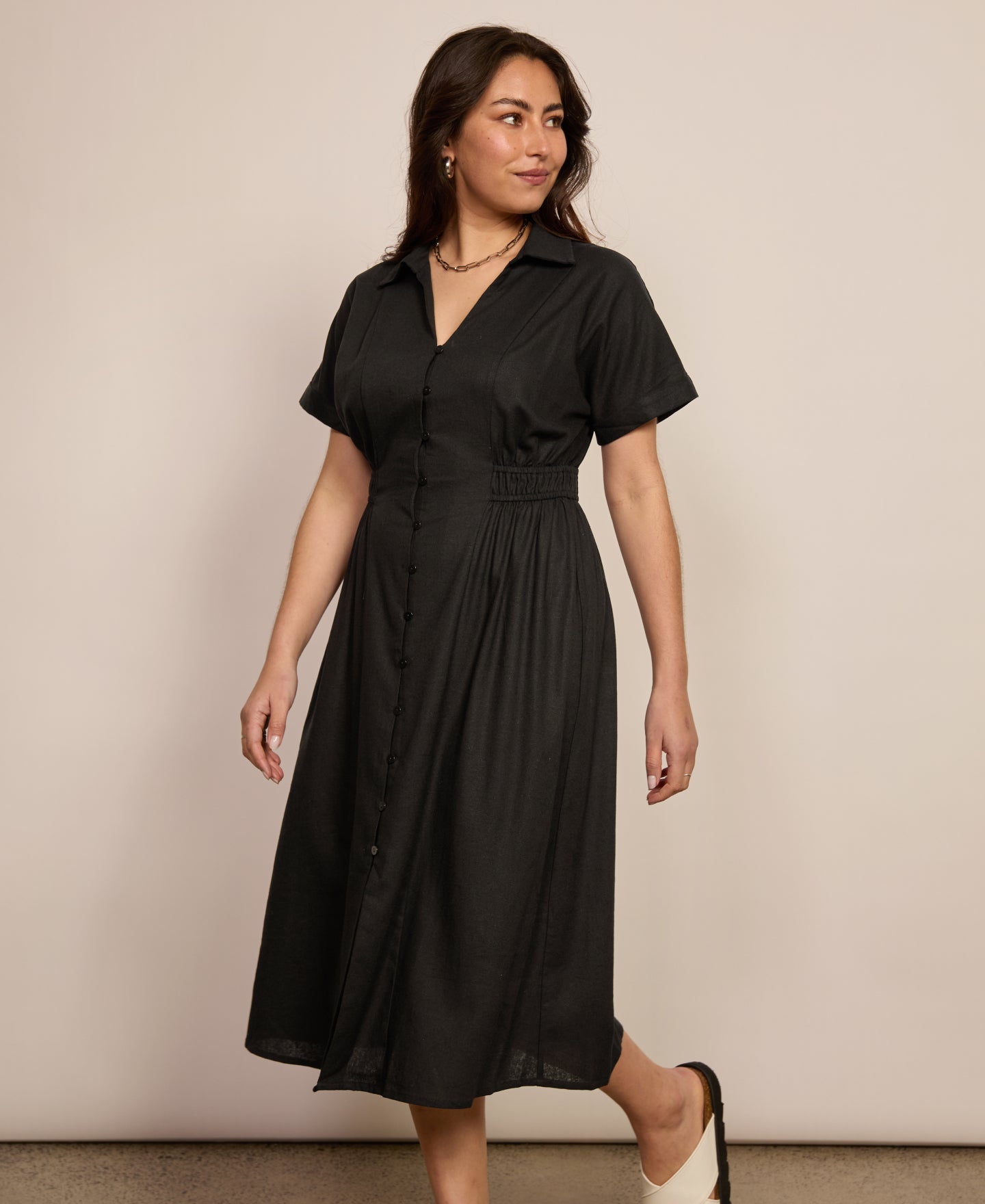 deep v neck linen dress Lorelei V-Neck Linen Dress, Green / M main image 1
