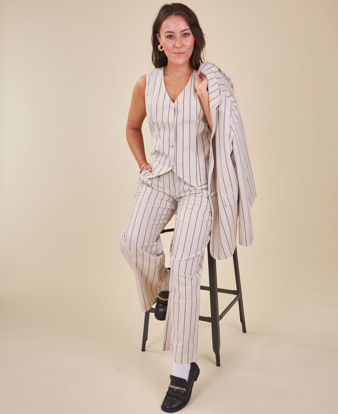 Women's Linen Blend Suit Pants in Natural Stripe | Postie