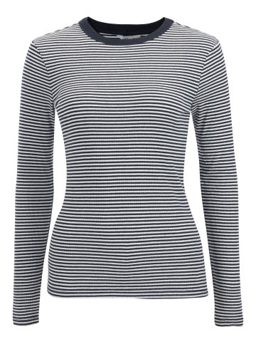 Women's Long Sleeve Rib Crew Neck Top in Navy/white Micro Stripe