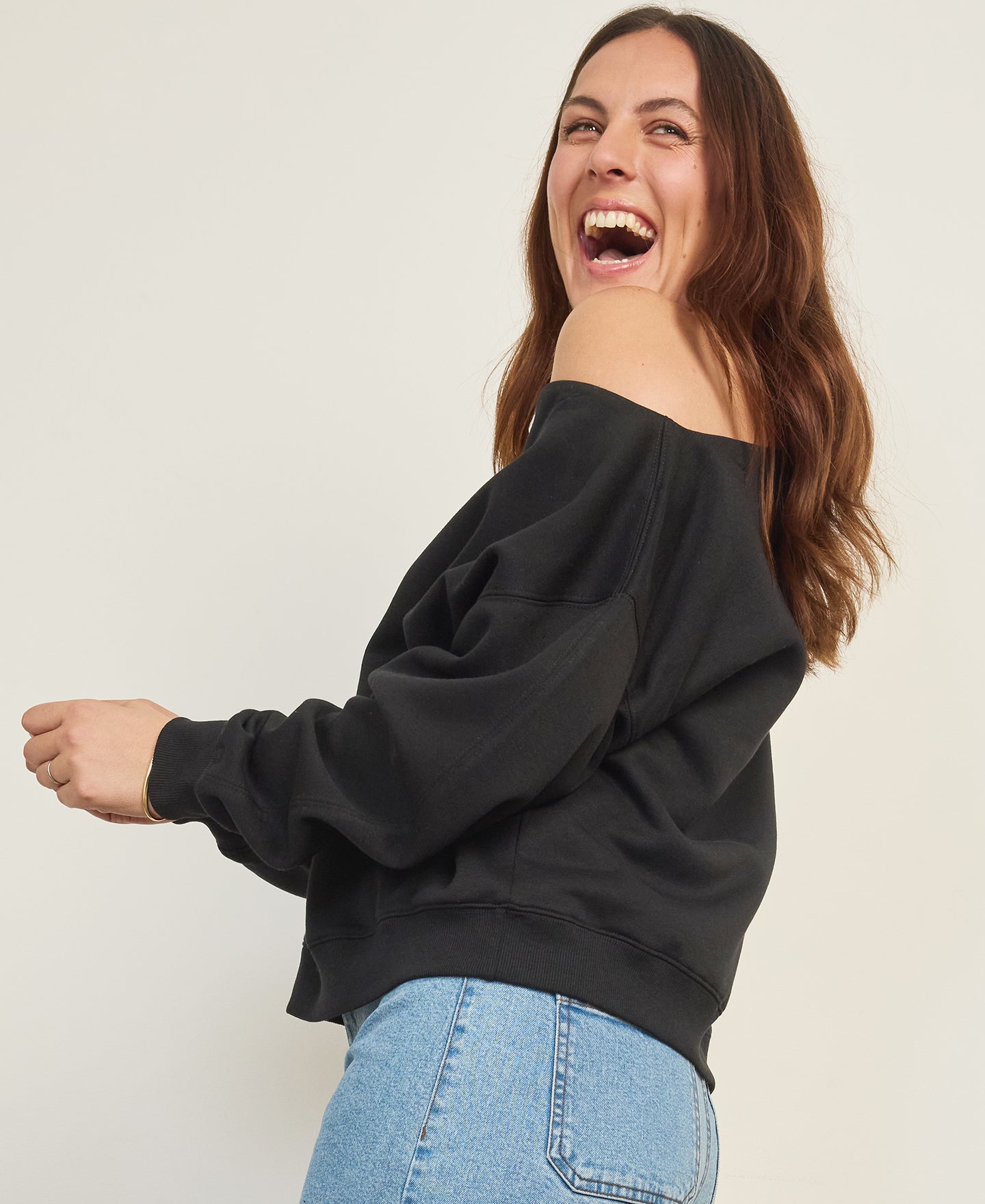 Women's Off Shoulder Sweat in Black | Postie