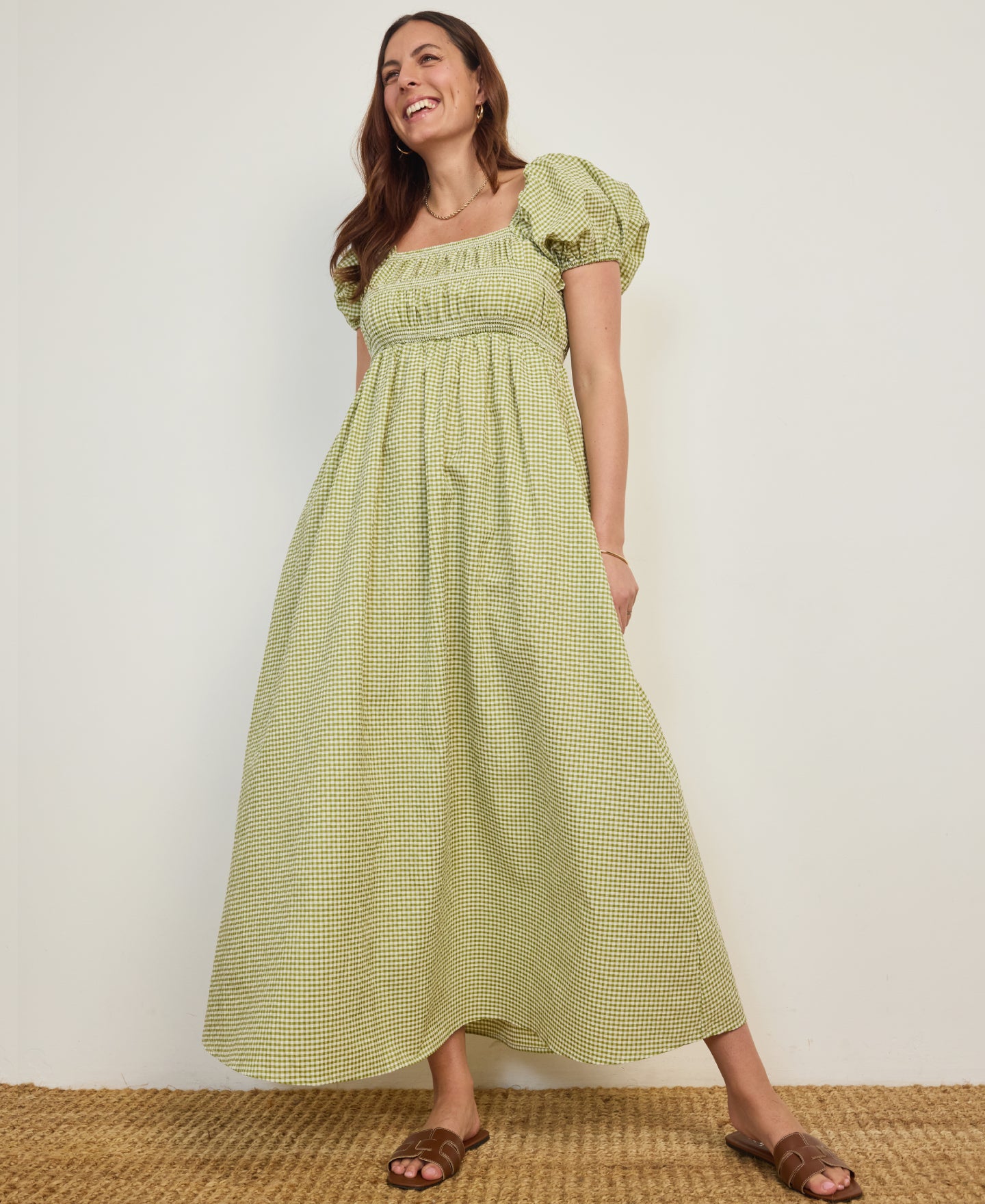 Women's Puff Sleeve Tiered Midi Dress in Green Gingham | Postie