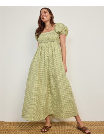 Women's Puff Sleeve Tiered Midi Dress in Green Gingham | Postie Women's Puff Sleeve Tiered Midi Dress in Green Gingham | Postie