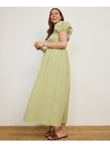 Women's Puff Sleeve Tiered Midi Dress in Green Gingham | Postie Women's Puff Sleeve Tiered Midi Dress in Green Gingham | Postie