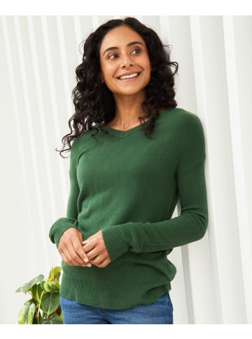 Women's Relaxed V Neck Super Soft Jumper in Dark Green Postie