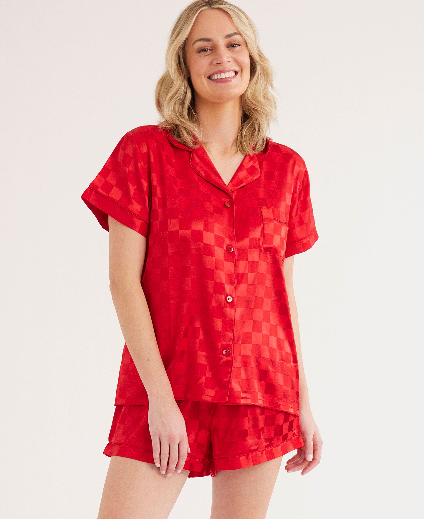 Women's Satin Check Short PJ Set in Red Postie