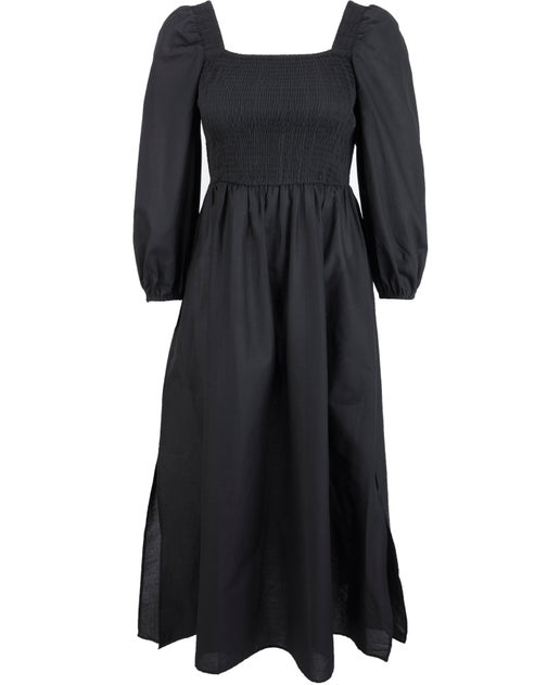 Women's Shirred Puff Sleeve Midi Dress in Black | Postie