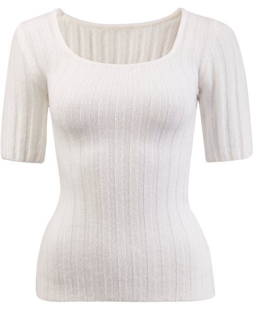 Women's Short Sleeve Scoop Neck Rib Knit Top in White | Postie