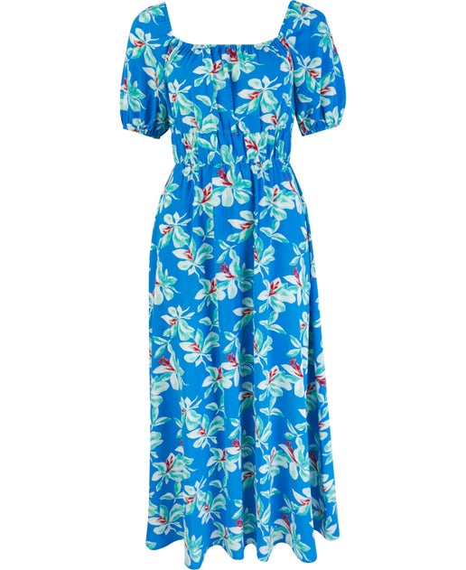 Women's Textured Rouched Square Neck Dress in Blue Floral | Postie