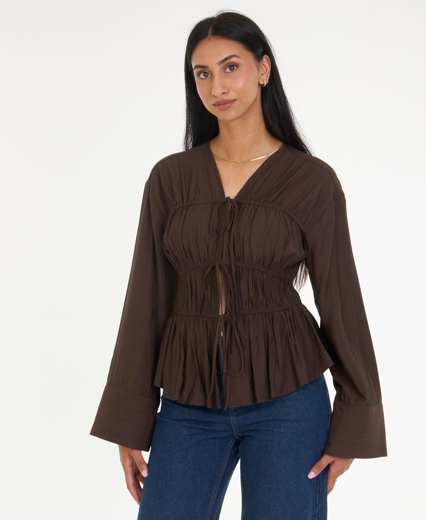 Women's Tie Detail Long Sleeve Top in Brown | Postie