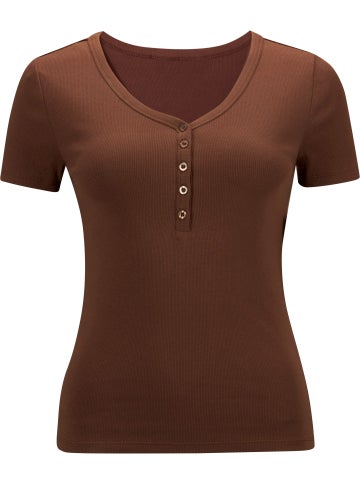 Women's V Neck Henley Tee in Chocolate Postie