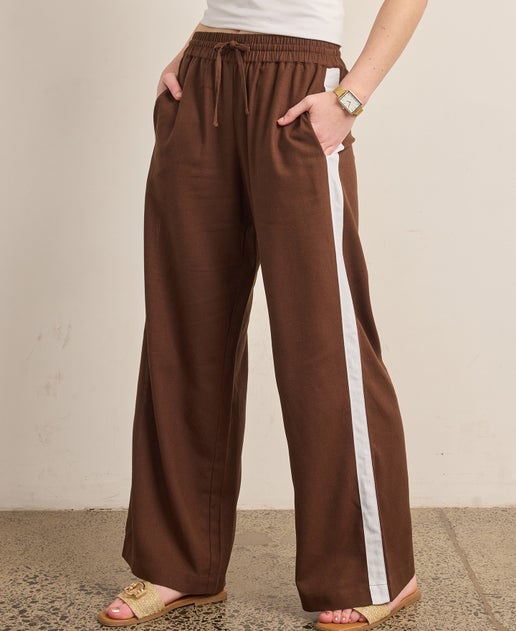 Women's Wide Leg Side Stripe Linen Pant in Chocolate | Postie