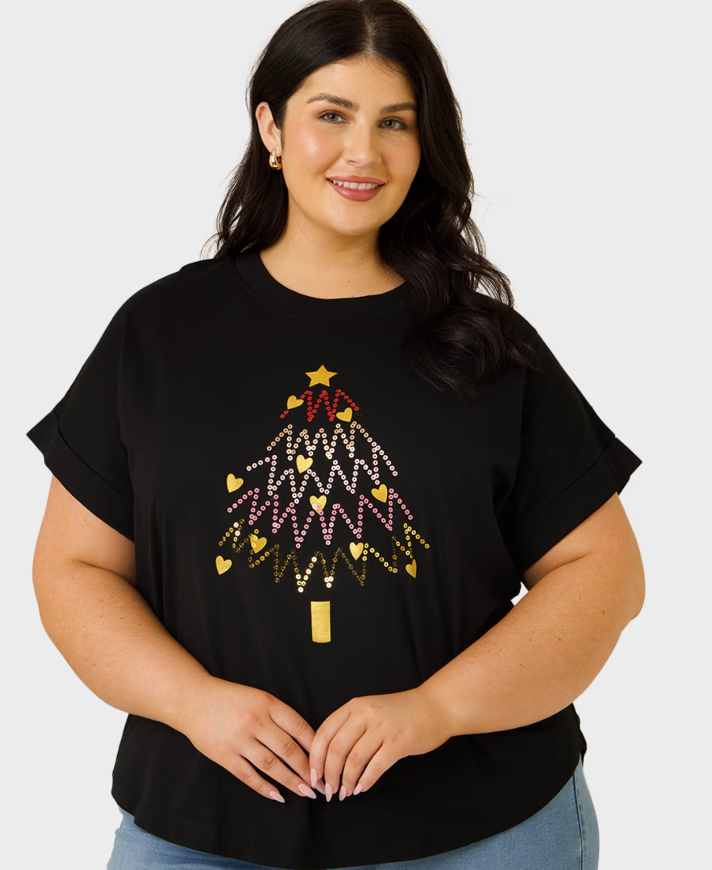 Women's Xmas Longline Print Tee in Black Sequin Tree Postie